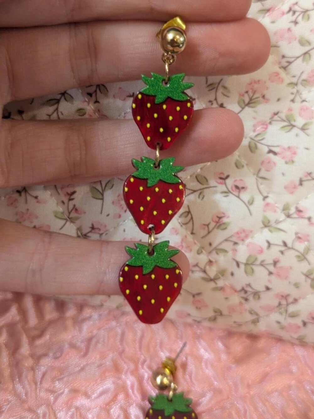 handmade red strawberry stack cute whimsical dangle earrings